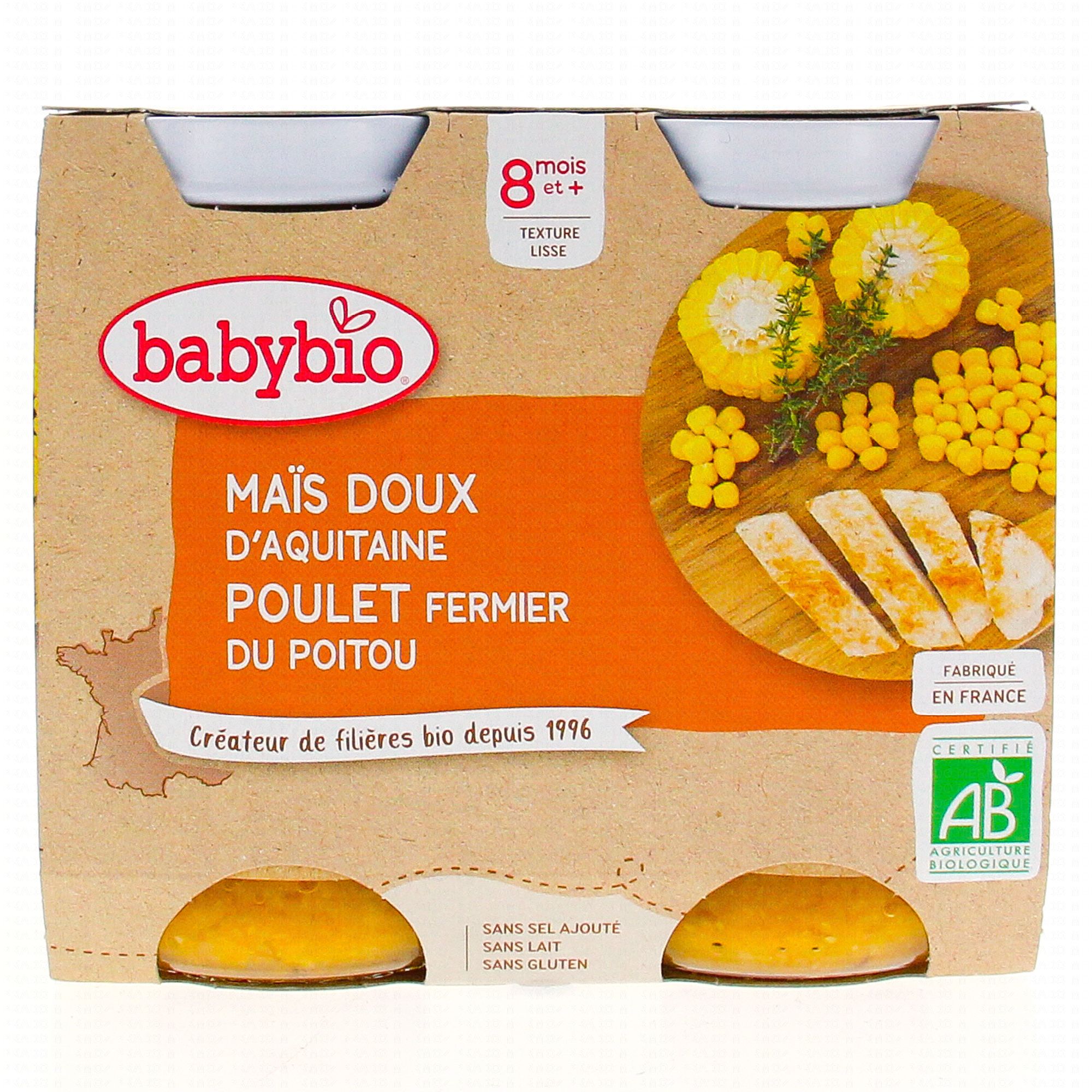 Petit pot bébé dès 8 mois, maïs poulet Babybio 2x200g sur