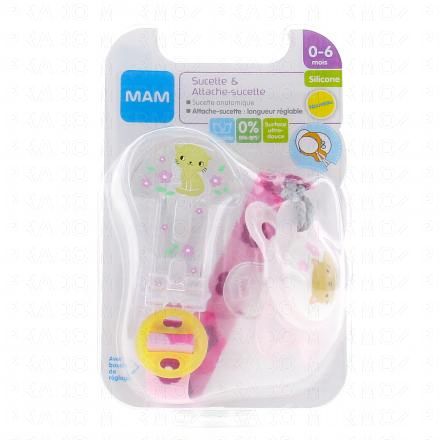 MAM Kit Sucette & Attache-sucette 2-6 mois – Sucette en silicone + attache-sucette  lavable de longueur réglable, compatible avec toutes les sucettes MAM –  Coloris aléatoire : : Bébé et Puériculture