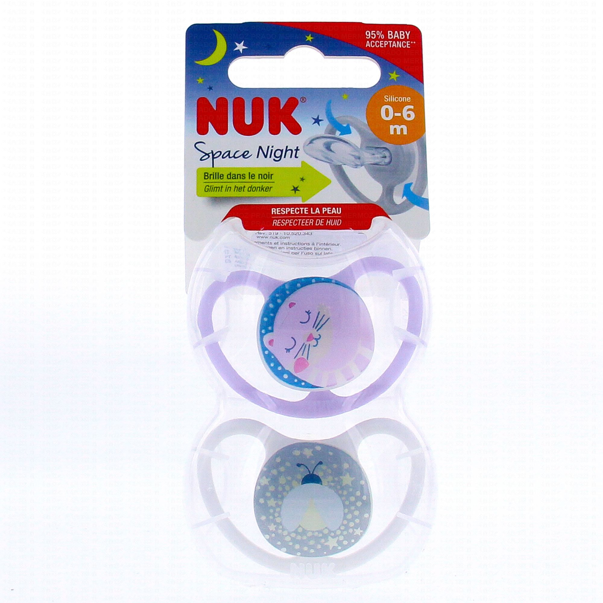 NUK Sucette nuit Space T.1 0-6 mois silicone renard & luciole, lot