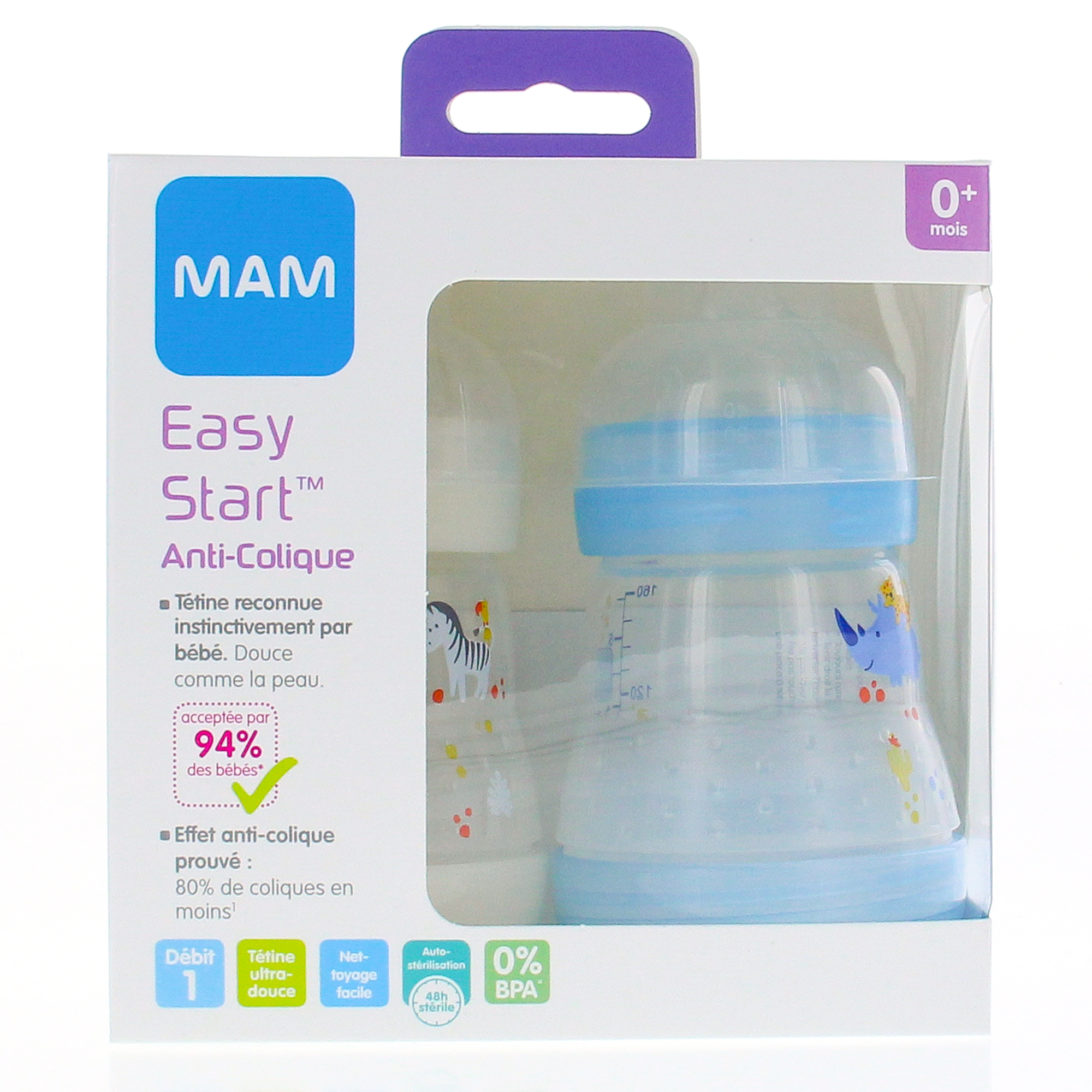 MAM Easy Start AntiColique biberon débit 1 160ml duo bleu & blanc