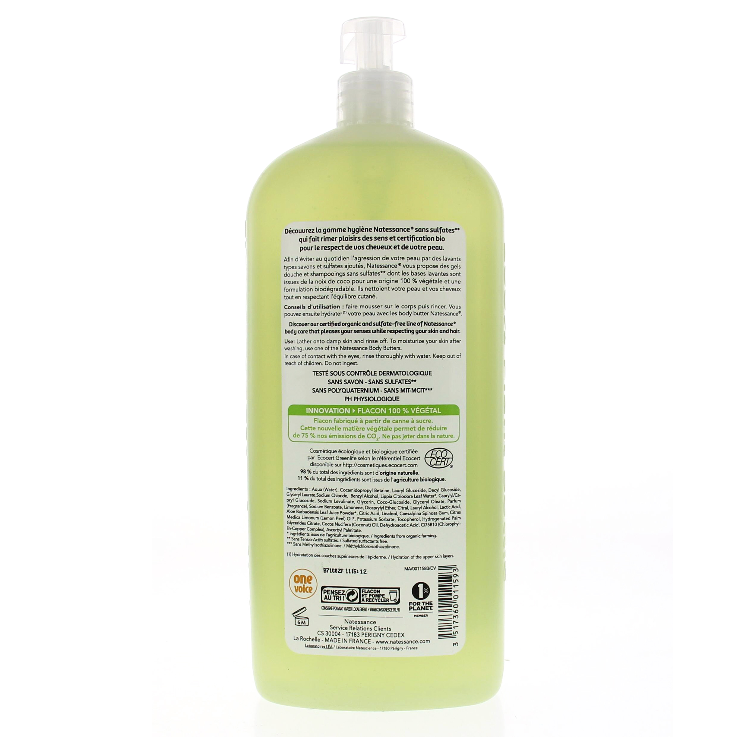 Natessance shampooing-douche verveine citronnée sans sulfates 1L